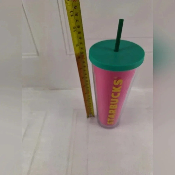 Starbucks 2014 Pink and Green top and Straw with Yellow Starbucks Letters 24 Oz. - Picture 5 of 8